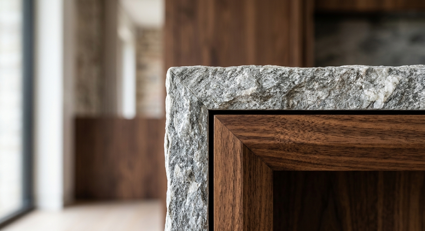 Close view of timber and stone material craftsmanship
